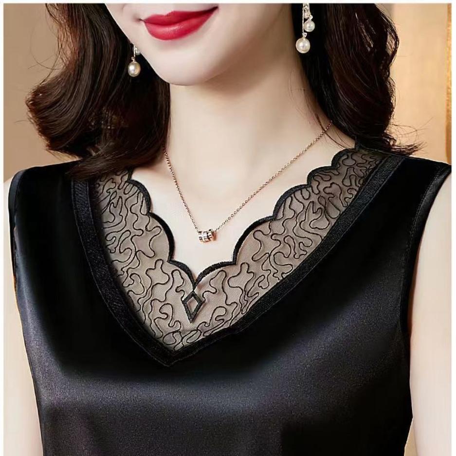 Summer Women's Plus Size Lace Camisole Outside Wears Satin Solid Color Inside V-neck Vest