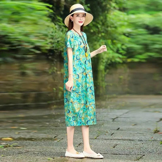 Women Dresses Summer O-Neck Floral Print Dress Short Sleeve Straight Dress Sundress Robe