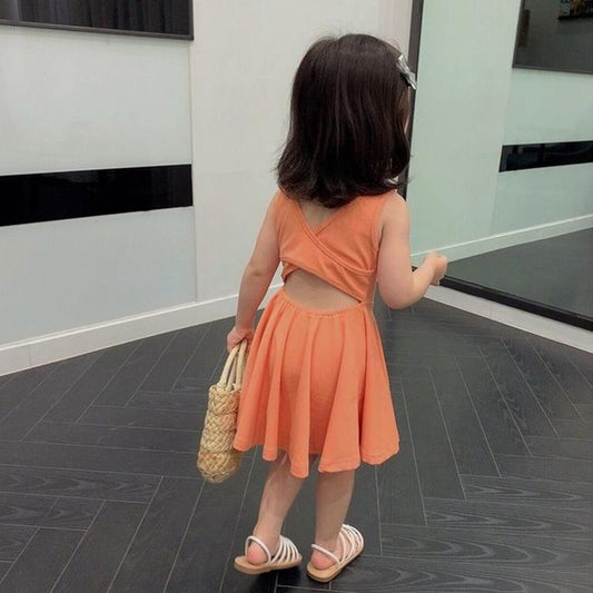 Children Dress Girls Summer Thin Dress Korean Princess Dress Open Back Waistless Sleeveless Dress Pleated A-line Skirt