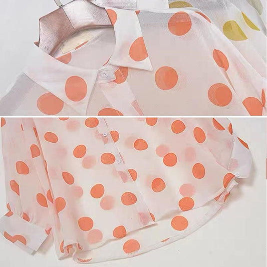 Dot Chiffon Sunscreen Female Summer Korean Version Loose Shirt Regular Turn-down Collar Printing Woman Tops
