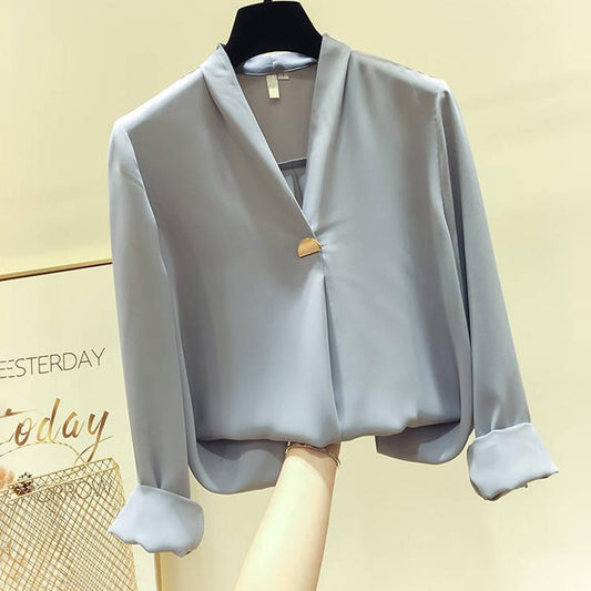 White Shirt Temperament Was Thin V-neck Long-sleeved Loose Solid Color Shirt Female Super Fairy Blouse Work Clothes Suit with Shirt