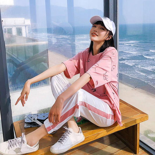 Sportswear Loose Cover Meat Casual Suit Sports Suit Two-piece Short-sleeved T-shirt Loose Wide-leg Pants Cute and Comfortable