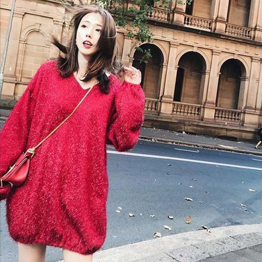 Autumn And Winter Mid-length V-neck Sweater Loose Bright Silk Dress Women