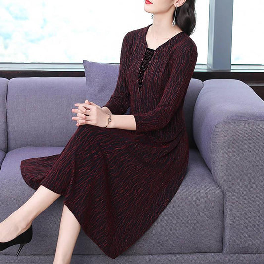 Fashion Diamond Bright Silk Dress Long Sleeve Round Neck Slim Plus Size Dresses For Women