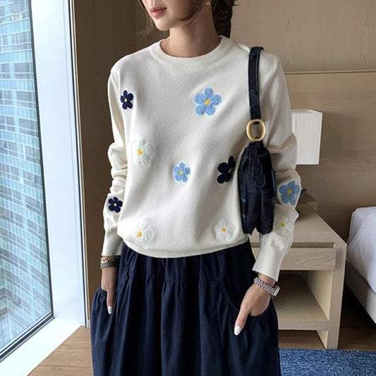 Korean Floral Emobroidery Pullover Sweater High Quality Women Elegant O Neck Knitted Tops