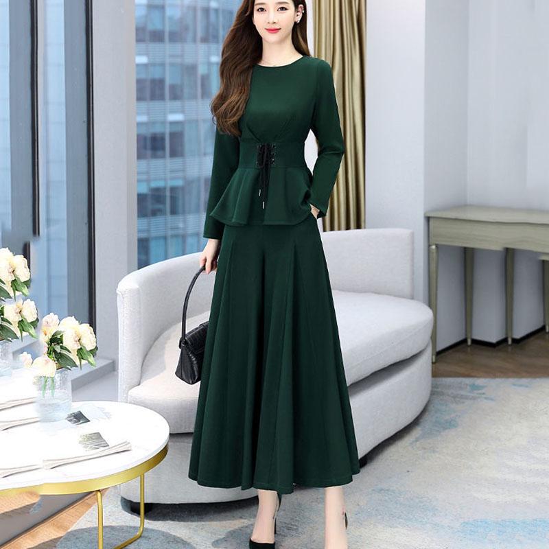 Suit Women's Spring and Autumn Dress Ladies Temperament Two-piece Set of Nine-point Wide-leg Pants + Round Neck Long-sleeved Top