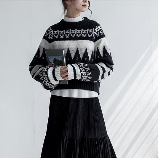 Vintage Printed Sweater Women Bottoming Sweater Loose Casual Knit Pullover Sweater Autumn Winter