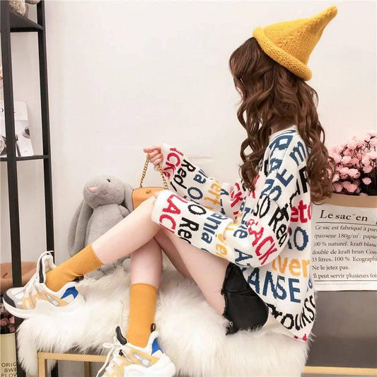 Chic Lady Letter Knitwear Crew Neck Loose Knitting Pullover Hit Color Jumper Sweater Top