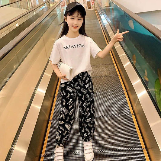 Girls Summer Suit Short Sleeve Anti-mosquito Pants Wing Print Pattern Comfortable Breathable Cool Two-piece Set