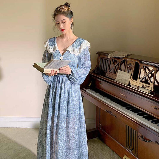 Summer Women Dress for Ladies Long Sleeve Vintage Chiffon Shirt Dress Casual Floral Long Dress