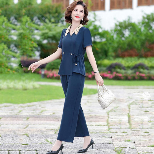 Solid Color Chiffon Suit Summer Large Size Loose and Casual Two-piece Short-sleeved Shirt + Loose Wide-leg Pants
