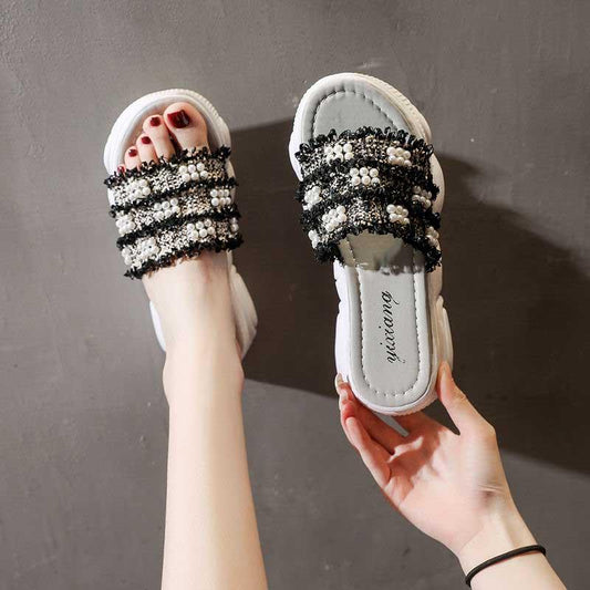 35-40 Summer Women All-match Shiny Slippers Outdoor Pearl High Heels Sandals Bohemian Beach Wear-resistant Non-slip Slippers Wedge Platform Sandals