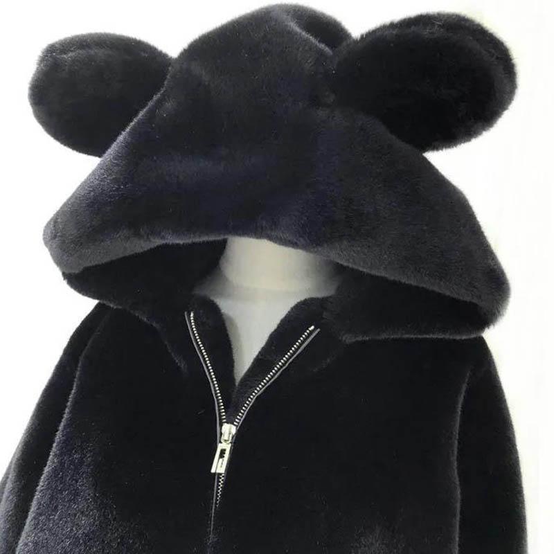 Winter Cute Bear Ears Plush Plush Warmth Loose Mink Hair Mid-length Fur Coat Women