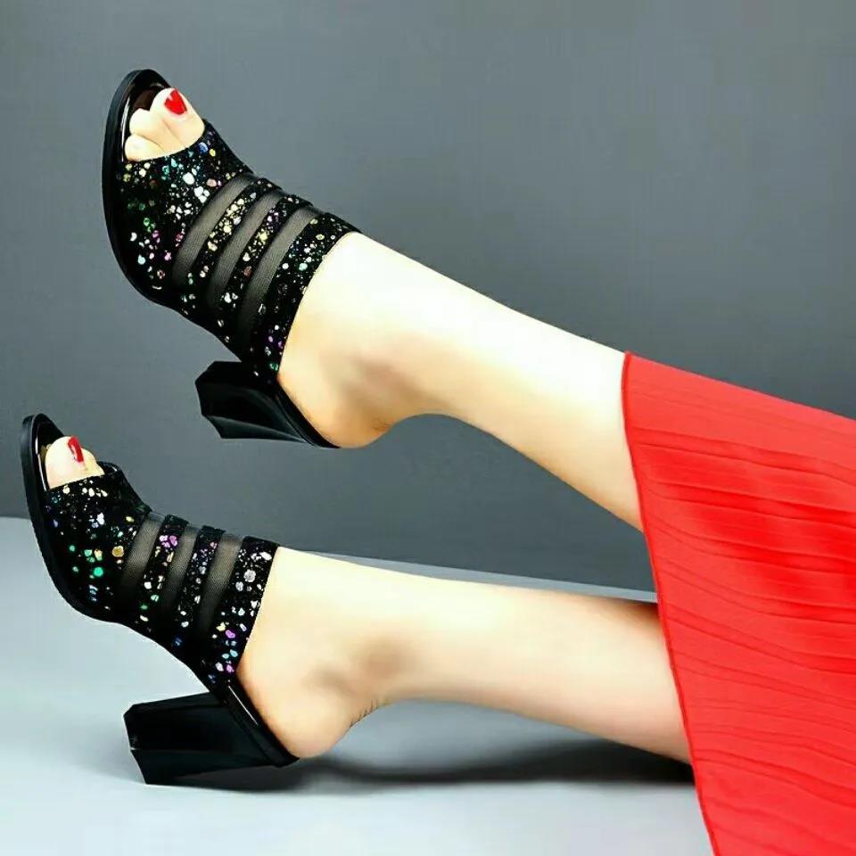 Women's Spring and Summer Large Size Fish Mouth High Heel Slippers Office Ladies Thick Heel Casual Sequins Slippers