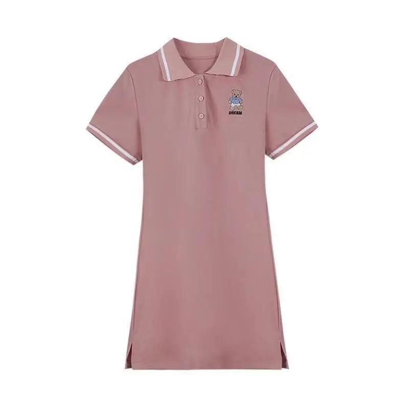 Pure Color Short-sleeved Bear Dress Female Spring and Summer Girl Polo Collar Waist Slim Short Dress