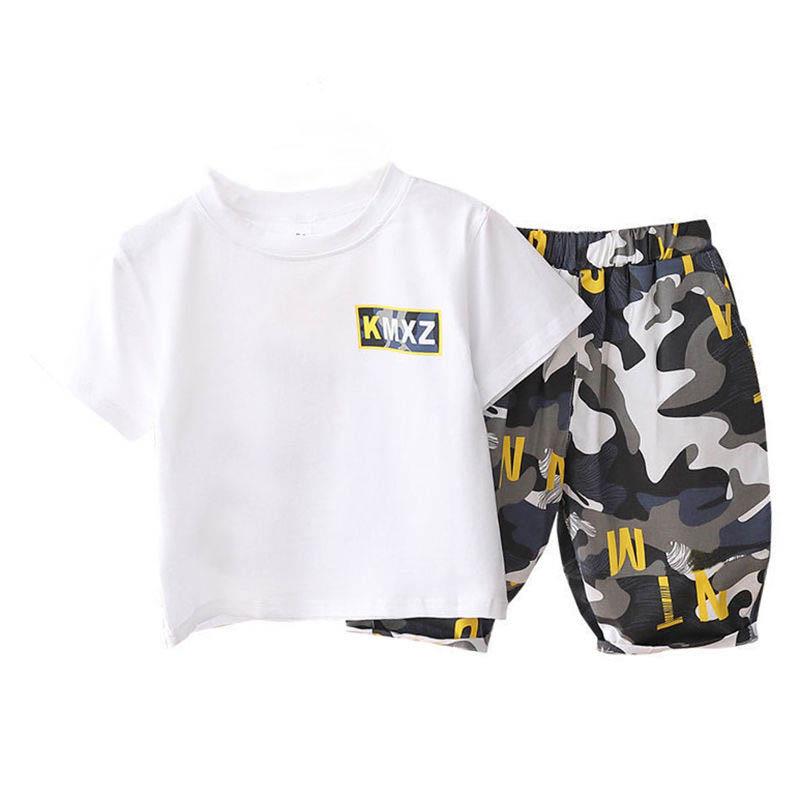 Boys Summer Round Neck Short Sleeves + Elastic Waist Camouflage Pants Suit Boys Casual Short Sleeve Camouflage Suit Handsome Baby Two-piece Suit