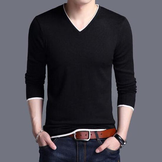 Mens Sweater Winter Warm Knitted Sweater Casual Pullovers V-Neck Long Sleeve Slim Cashmere Sweaters
