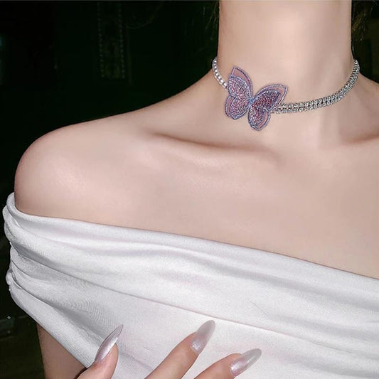 Purple Butterfly Pearl Necklace Women's Choker Necklace Clavicle Chain Simple Collar Beaded Necklace Send Friend Collar Personalized Ornaments