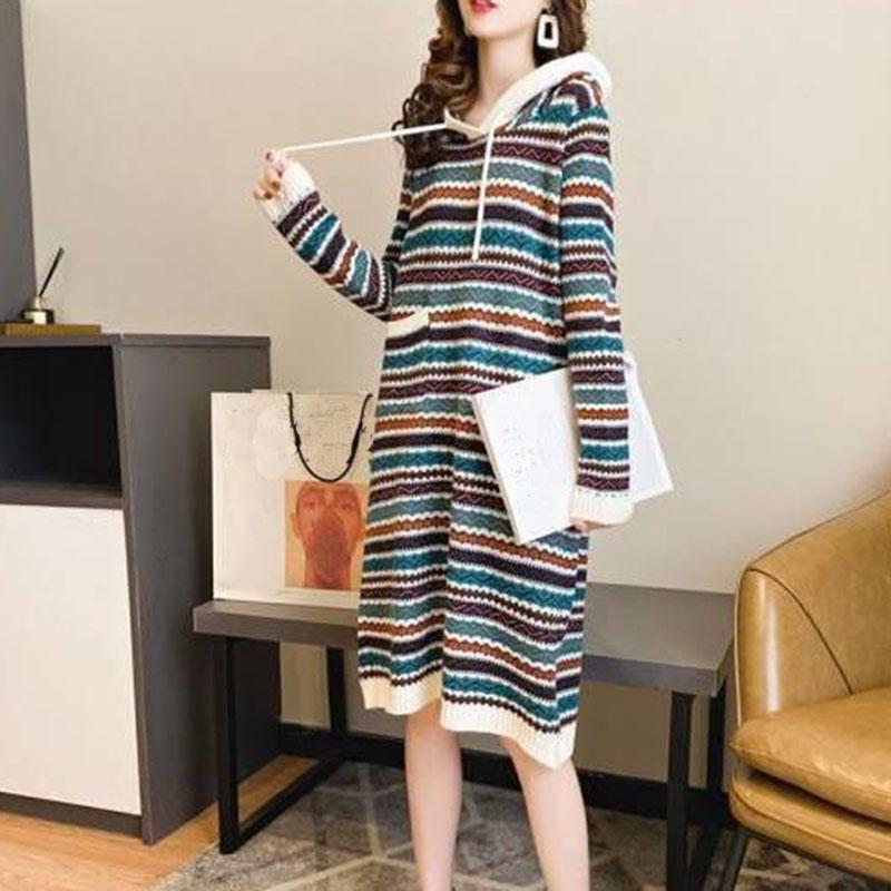 Autumn Winter Boho Sweater for Women Mid-length Vintage Ethnic Striped Sweater Dress Women Loose Long-sleeve Hooded Pullover Knitted Sweater Coat