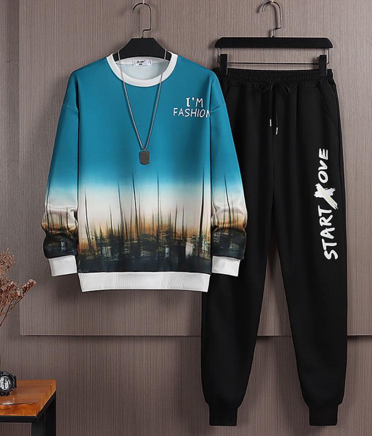 Tide Brand Ins Gradient Spring and Autumn Round Neck Sweater Sports Suit Loose Large Size Street Student A Set of Clothes