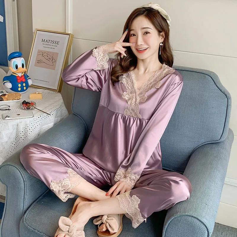 Women's Long Sleeve Silk Polyester Pajamas Spring Autumn Sexy Ladies Ice Silk Thin Lace Homewear Set Loose Breathable Pyjamas Solid Glossy Nightgowns