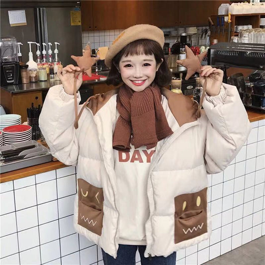 Cute Short Padded Jacket Women Loose Coat Hooded Cotton Coat Women Bread Coat