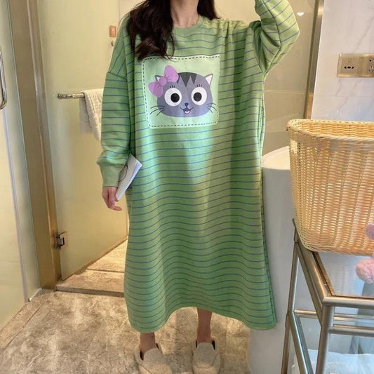 5XL Women's Autumn Winter Cotton Long-sleeved Nightdress Velvet Thickening Cute Sweet Striped Printing Out Wear Homewear Loose Comfortable Nightdress