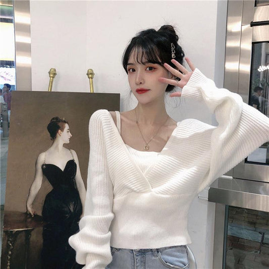 Design Sense French Niche Waist Sleeves Are Thin, Fake Two-piece Clavicle Strapless Large Size Long-sleeved Sweater Women's Blouse