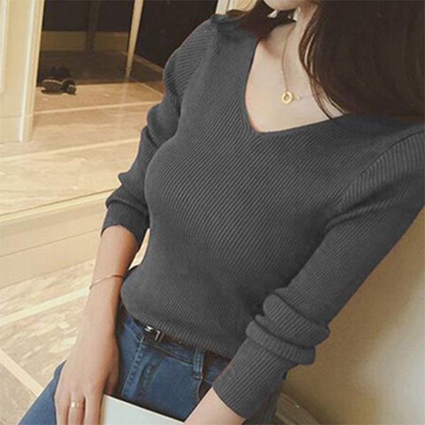Autumn and Winter Slim Long-sleeved V-neck Bottoming Sweater Short Tight-fitting Inner Sweater Women