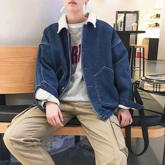 Lamb Plush Loose Denim Jacket Men's Clothing Autumn and Winter Plus Velvet Thick Denim Jacket Men's Trend