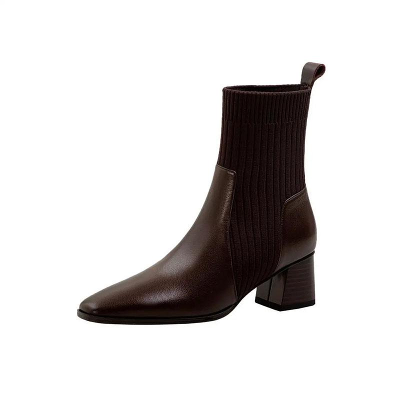 Thick-heel Martin Boots Women Spring and Autumn Square Toe Elastic Boots Leather Mid-tube Boots Chelsea Boots Single Boot
