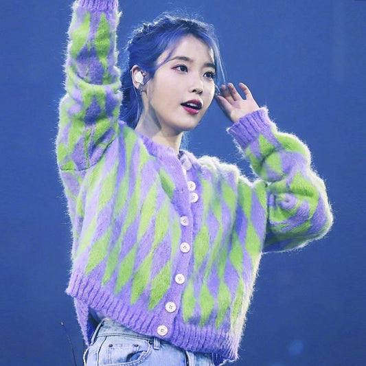 Green Purple Rhombus Plaid Retro Knitwear Top Women Short Section Button Cardigan Sweater