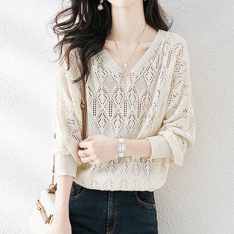 Sweater Women's Pullover Knitwear Korean V-neck Solid Color Casual Fluffy Hollow Top Trending Sweater Spring Autumn Lady Style