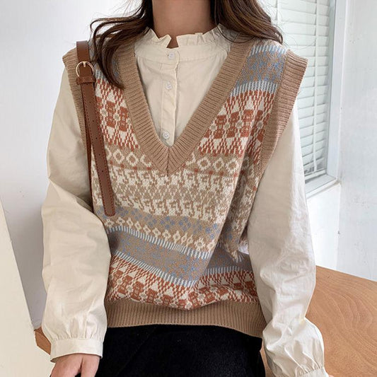 Autumn Loose Knitwear Women Students All-match V-neck Hit Color Top Sleeveless Outer Sweater Fashion Casual Vest Jacket