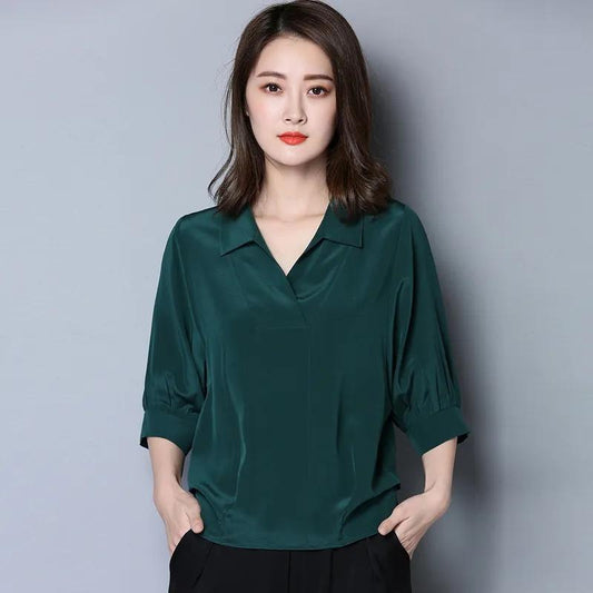 Summer Loose Large Size Simulated Silk Ladies Mid Sleeve Shirt Solid Color Bat Sleeve V-Neck Simple Blouse Casual All Match Pullover Shirts Blouses