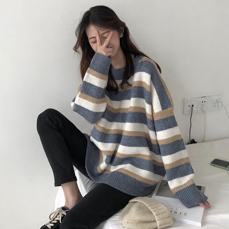 Pofulove Winter New Loose Contrast Striped Sweater Women's Sweatshirt Wild Bottoming Sweater