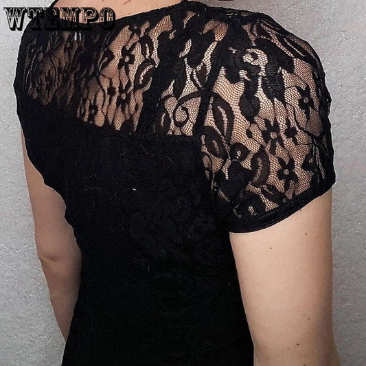 Elegant Lace Dress Women Plus Size Short Sleeve Transparent Black Slim Dresses O-Neck Midi Casual Dresses Summer Vestidos