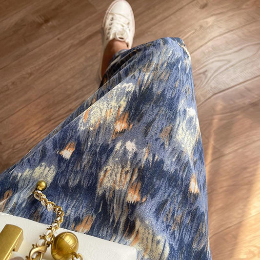 Women Summer Vintage Oil Painting Style Floral Print Skirt Slim Mid Length High Waist A-line Big Swing Skirt