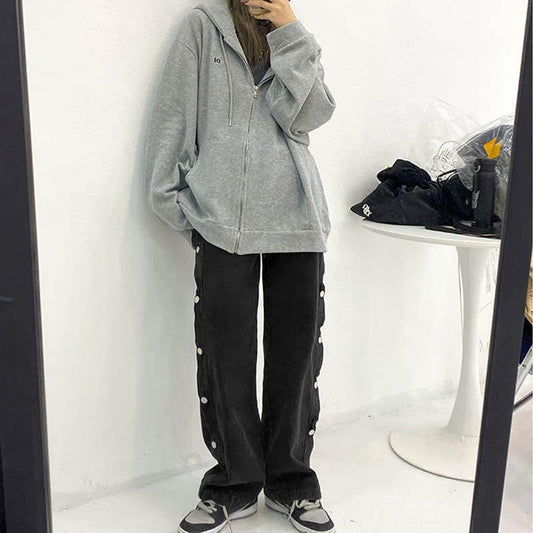 Autumn and Winter Black Buffet Jeans Female BF Wind Hip Hop Loose Straight High Street Splashing Wide Legs Tide