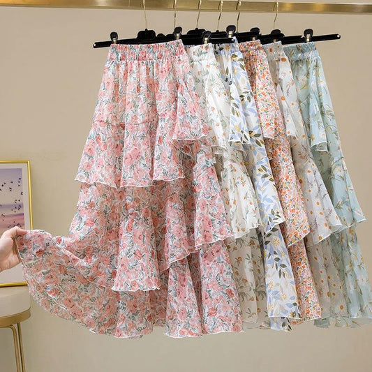 Half-length Skirt Summer Floral Irregular Ruffled Wild A-line Super Fairy Cake Skirt Female Layered Irregular Skirt Fabric Light and Breathable