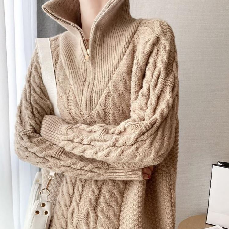 Fleece Half Turtleneck Zip Sweater Loose Lazy Style Thick Outerwear Sweater