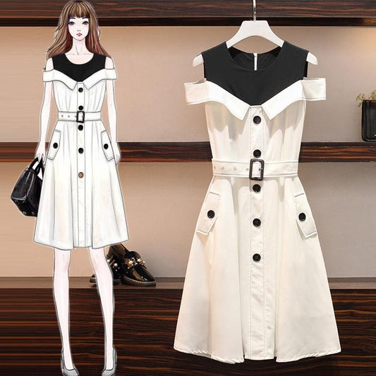 Women's Dress Summer Off-shoulder Slim Stitching Dress A-line Dress Party Midi Dress with Belt Plus Size M-4XL