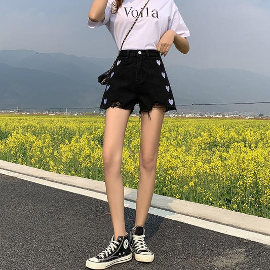 WTEMPO Women High Waist Embroidery Heart-shaped Washed Denim Summer Shorts Jeans Casual Shorts