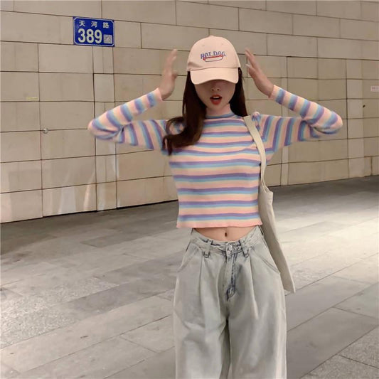 Cute O-neck Colorful Striped Pullover Short Sweater Women Open Navel Slim Waist Knitwear