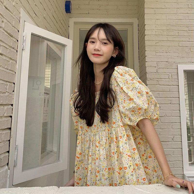 Women's Summer Long Dress Floral Square Neck Sweet Puff Sleeve Dress