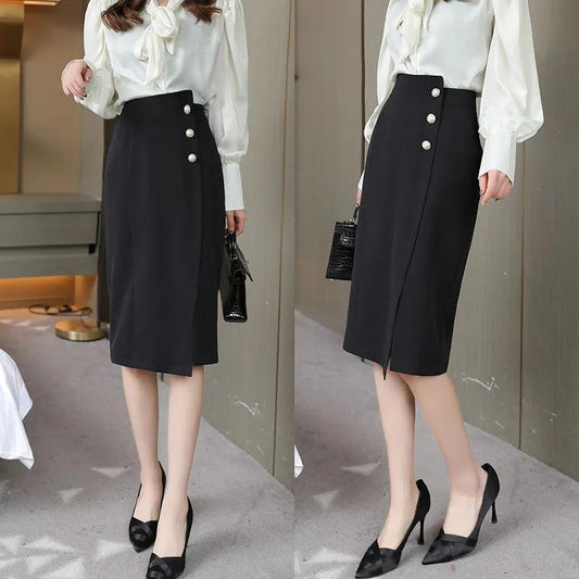 Irregular Chiffon Hip Skirt Beaded Button Women's Spring and Summer New High Waist Mid-length Skirt Split Black Professional Office Skirt