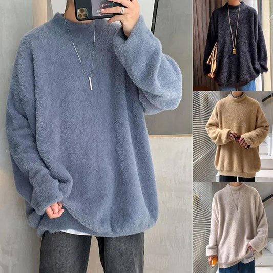 Autumn and Winter Men's Plus Velvet Thick Sweater Loose Half High Neck Trend Wild Warm Top