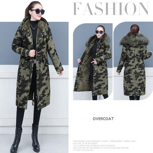 Female Camouflage Parka Coat Winter Long Cotton-padded Jacket Flocking Hooded Cotton-padded Jacket Winter Print Overcoat