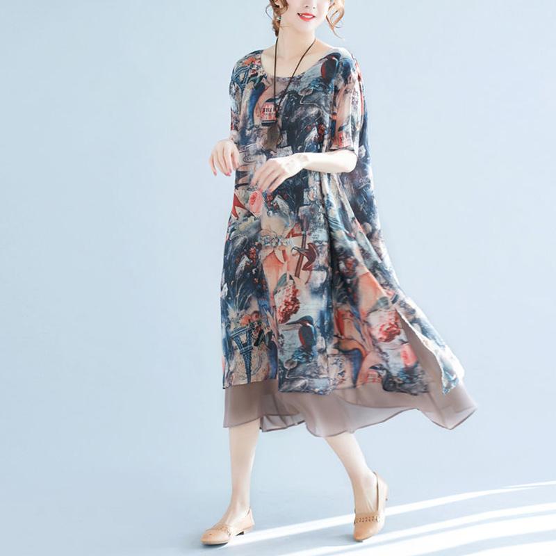 Women's Clothing Chiffon Dress Large Size Loose Round Neck Short Sleeve Printing Mid-length