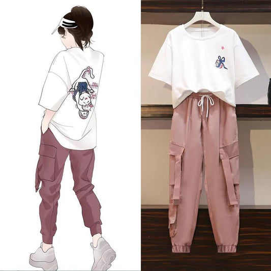 Suit Women Spring and Summer Loose Thin Casual Two-piece Sports and Leisure Suit Cool Girl Adjustable Waist Two-piece Suit